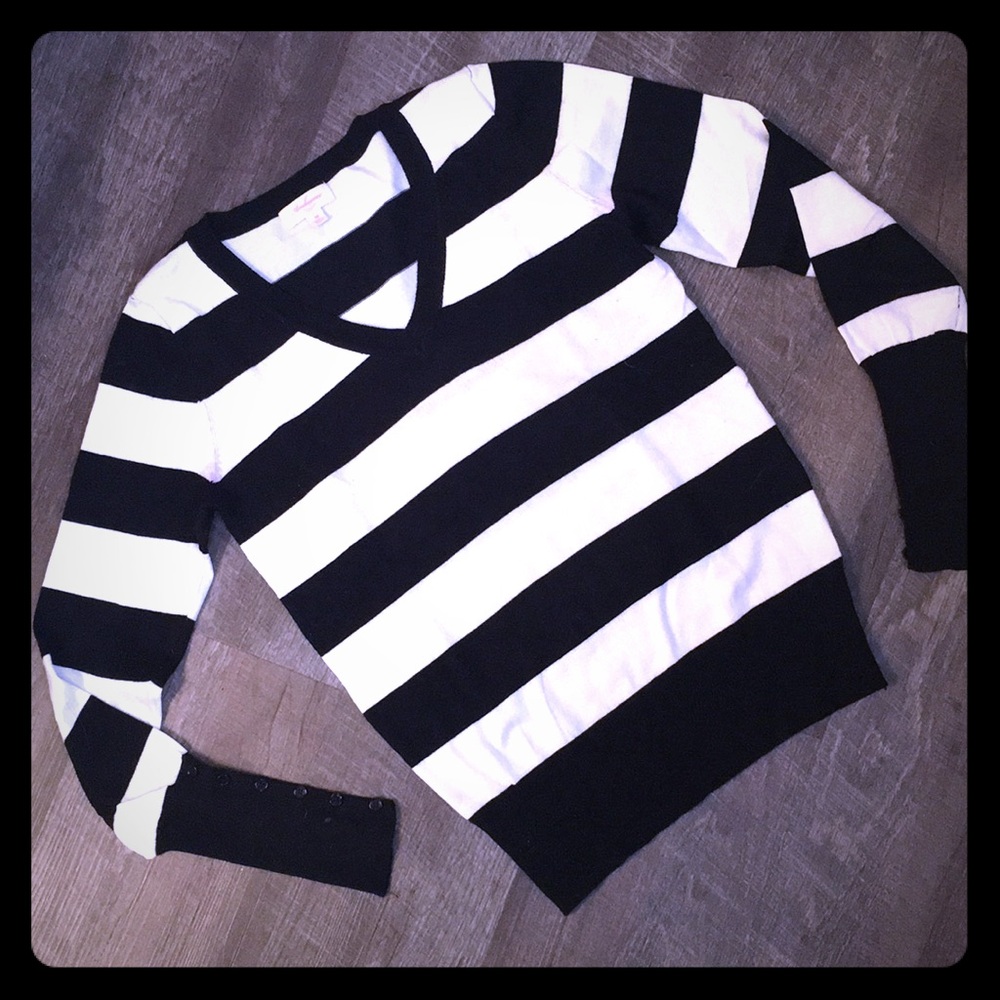 Striped V-Neck Sweater with Button Detail